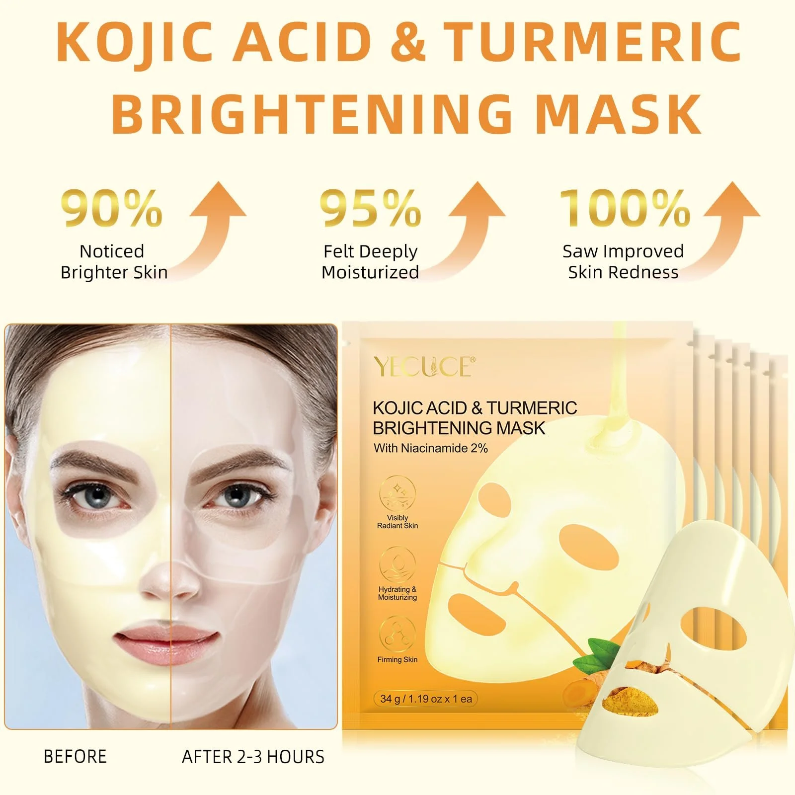 Маска для обличчя з койєвою кислотою та куркумою, 6 шт, для освітлення, пружності, проти старіння, фото №4