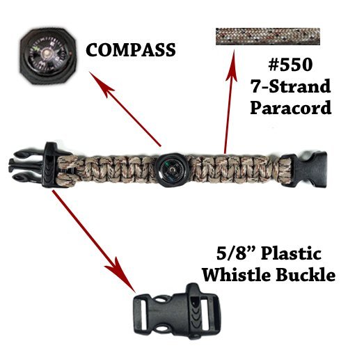 Браслет Paracord PLANET для виживання 3-в-1 зі свистком, пряжкою та компасом, 20 см, фото №2
