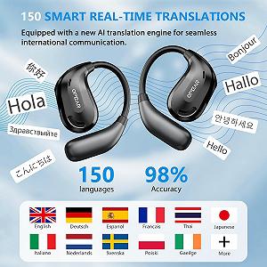 Переводчик наушников AI, Голосовой 3-в-1, 135 языков, 4 режима перевода, Реальное время, 50 часов работы, Bluetooth 5.4, Черный - Фото 1