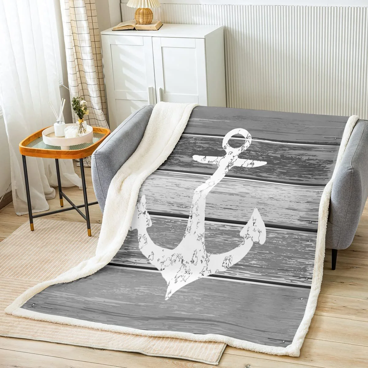 Покривало Tbrand Якір, Морська тематика, 150 x 200 см, Вінтажний вигляд, Потерте дерево, Сільський стиль, фото №2