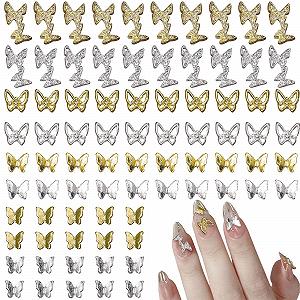 Украшения для ногтей Бабочка, 80 шт 3D Бабочка для ногтей, Металлический сплав Золото Серебро Бабочки Аксессуары для ногтей Украшения для DIY дизайна ногтей Изготовление ювелирных изделий - Фото 1