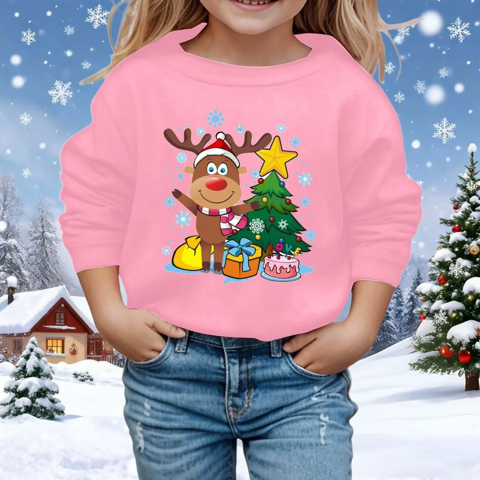 Толстовка для девочки с принтом, с длинными рукавами и круглым вырезом, флисовый пуловер, мягкая, повседневная, для зимних каникул, топ, игривая графическая футболка для детей ясельного возраста, фото №3