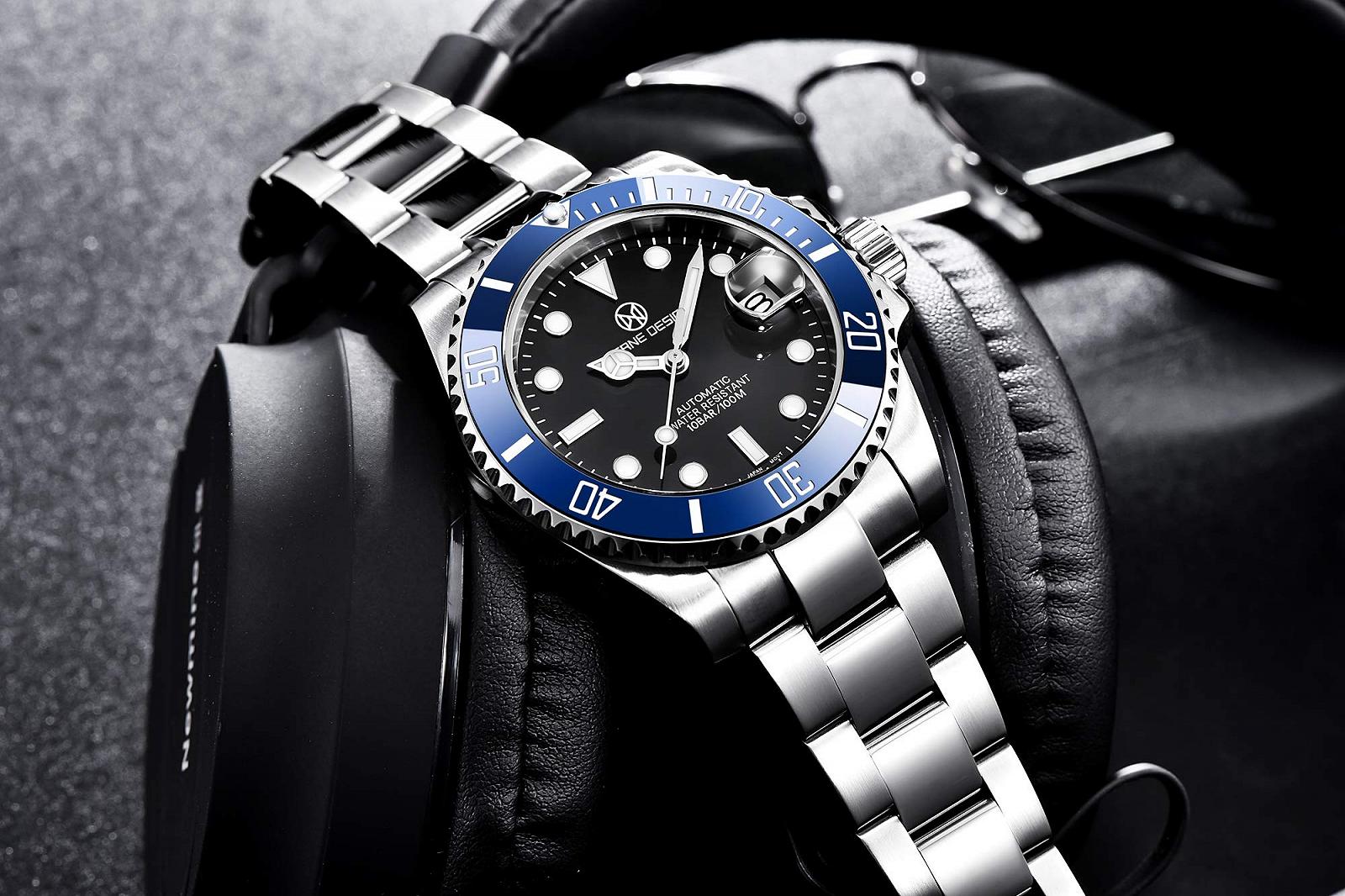Часы PAGRNE DESIGN Men's Automatic Submariner с браслетом из нержавеющей стали, механические, водонепроницаемые (100 м), механизм NH35A, фото №4