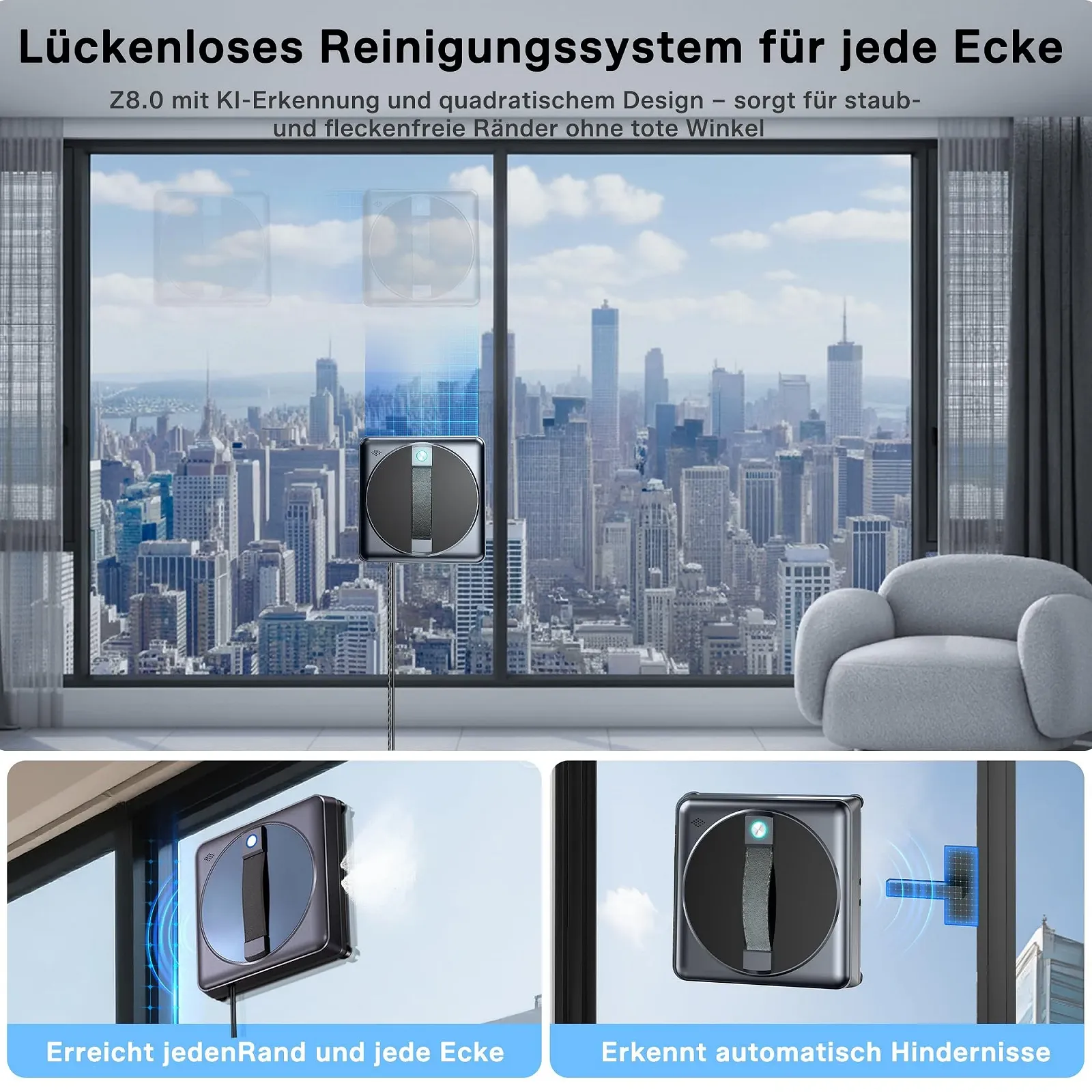 Робот для миття вікон Yeerain з дистанційним керуванням, 4 розпилювачі води, потужне всмоктування 5000 PA, 3 режими прибирання, інтелектуальне планування маршруту, виявлення країв, 10 серветок для прибирання, фото №3 Робот для миття вікон Yeerain з дистанційним керуванням, 4 розпилювачі води, потужне всмоктування 5000 PA, 3 режими прибирання, інтелектуальне планування маршруту, виявлення країв, 10 серветок для прибирання, фото №3