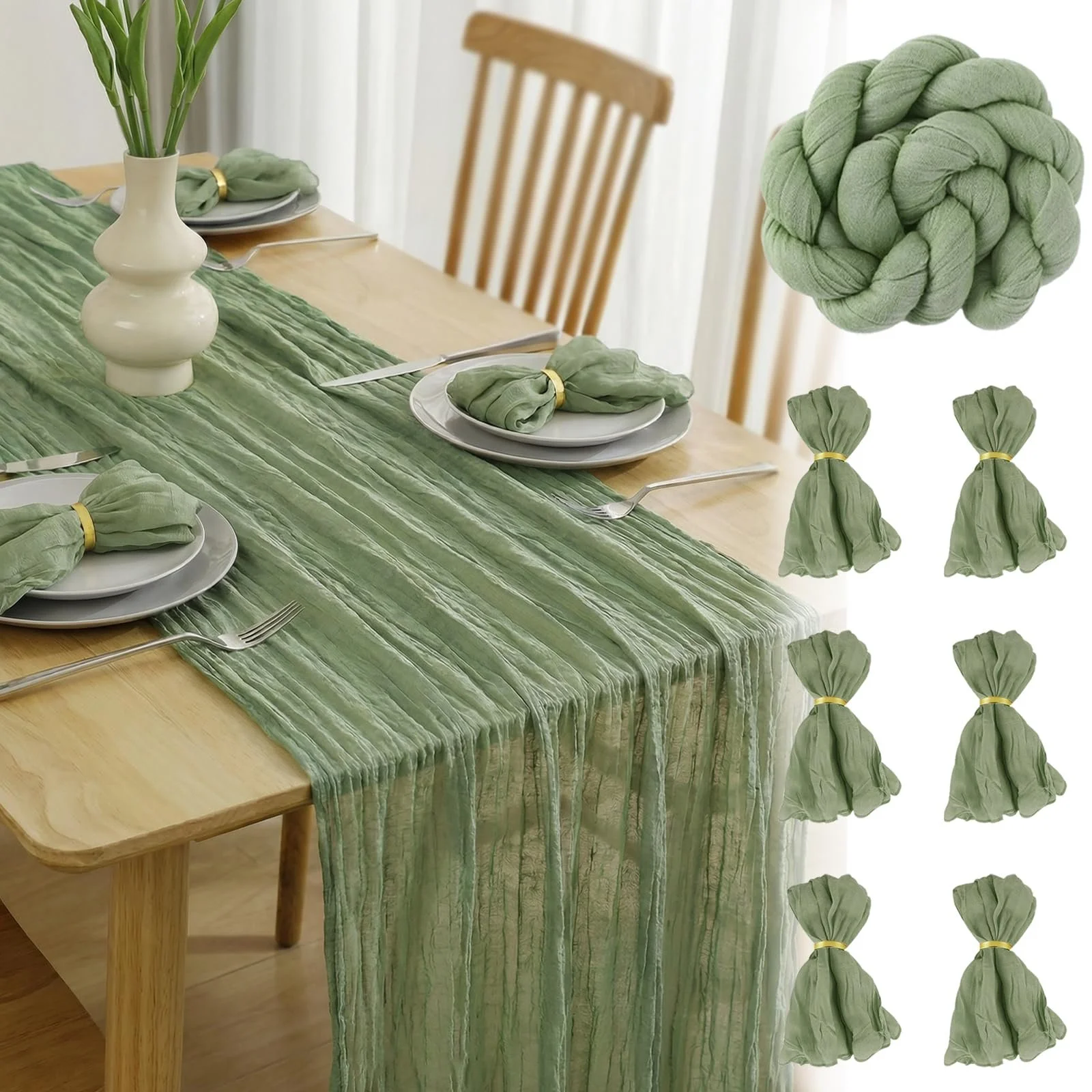 Ранер Muslin Boho Chiffon 400 см x 90 см Sage Green із серветками 6 шт., фото №1 Ранер Muslin Boho Chiffon 400 см x 90 см Sage Green із серветками 6 шт., фото №1