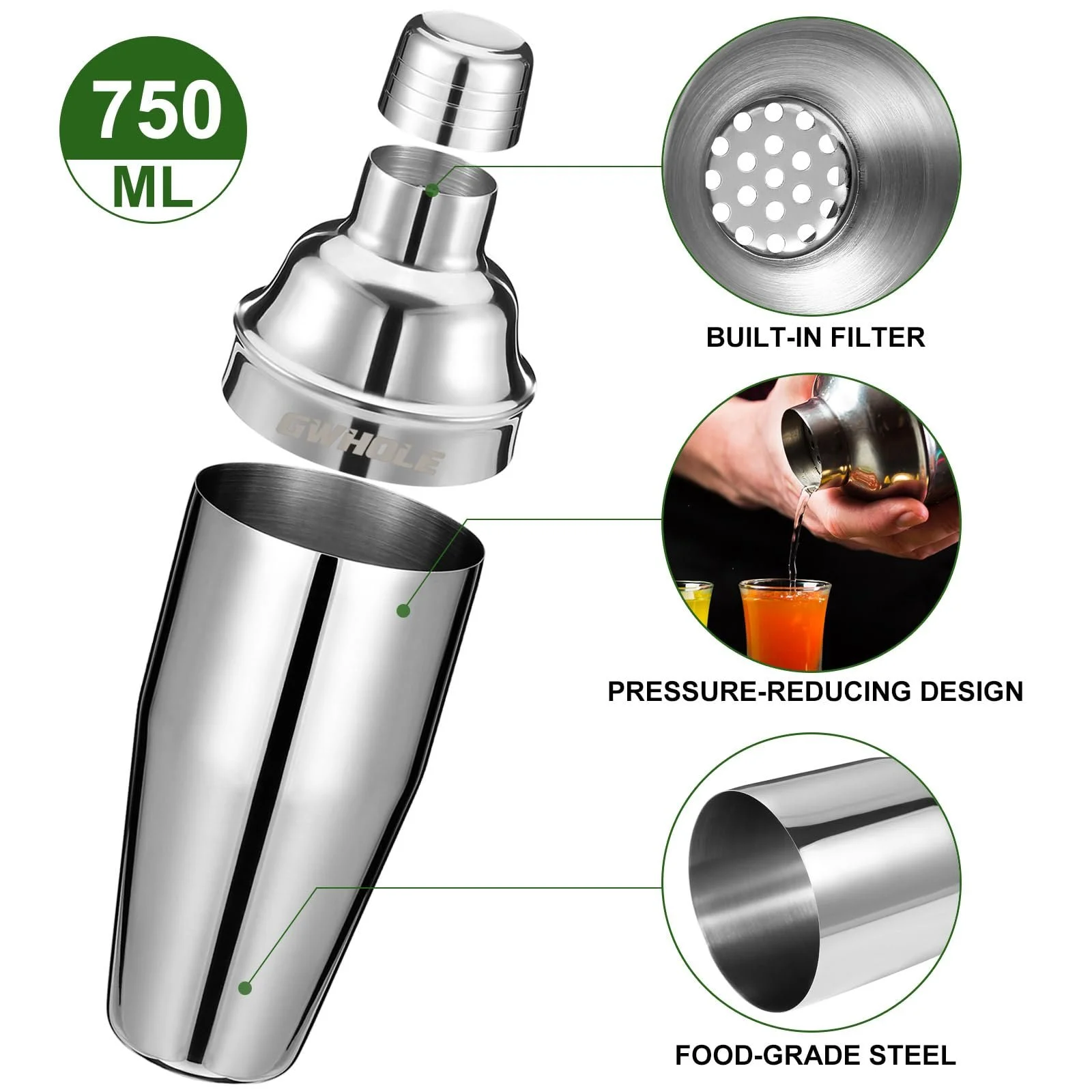 Набір для коктейлів GWHOLE 3 шт 750 мл з вбудованим фільтром, подвійний мірний джигер, фото №3