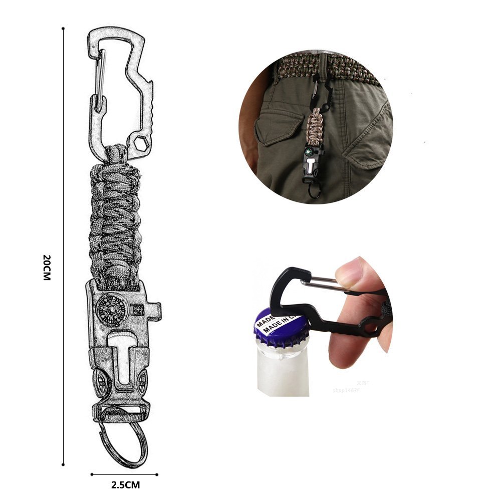 Браслет Paracord 7 Core для виживання на природі, аварійний спортивний комплект із застібкою, відкривачкою для пляшок, кресалом, компасом, скребком, чорний, фото №3