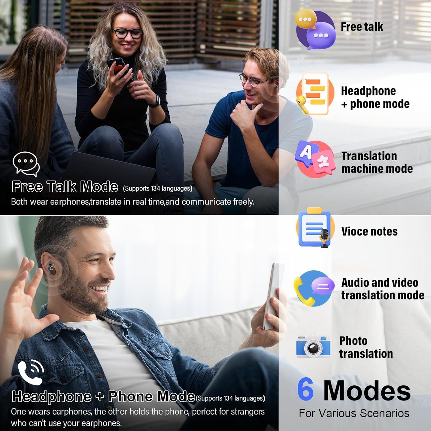Наушники для перевода голоса AI 3-в-1, Bluetooth 5.4, поддержка 144 языков, наушники с микрофоном ENC и AI App, 48 ч AI наушники с App для бизнеса, фото №6