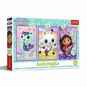 Пазлы Trefl 3-в-1 Gabby's Dollhouse Знакомство с Габби и котятами 3 x 50 элементов для детей от 4 лет - Фото 1