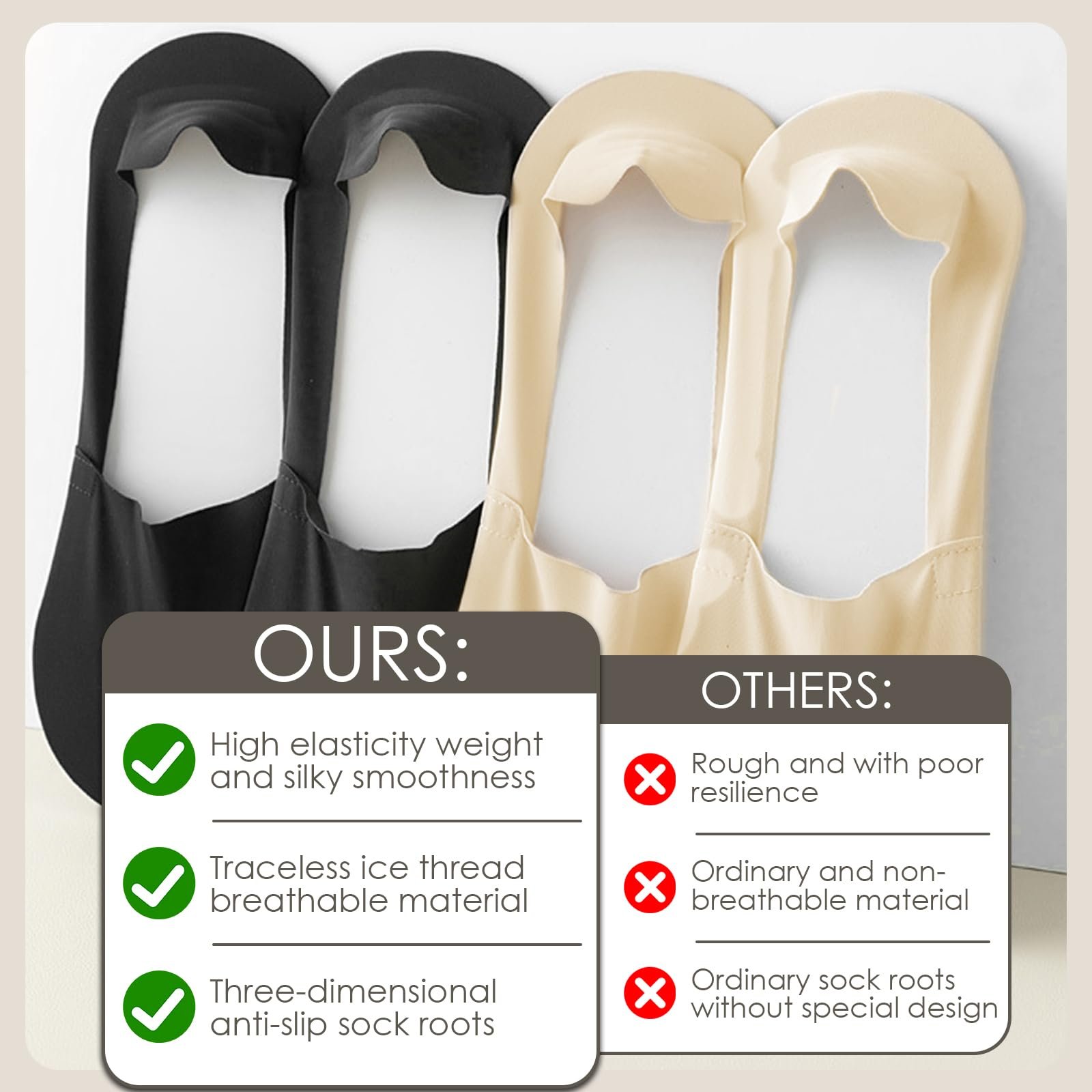 Комплект носков Joyan 7 пар, Женские носки, Невидимые носки-следки, Летние противоскользящие балетки, Черный, Телесный цвет, фото №4