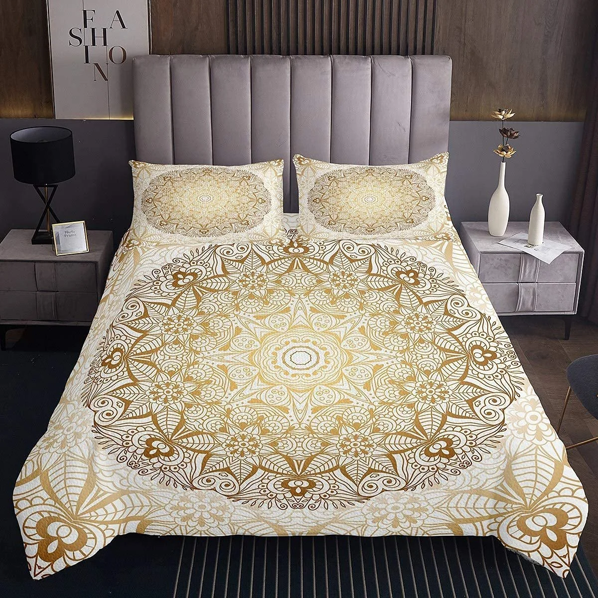 Покрывало Boho Mandala 170 x 210 см, в богемном стиле для подростков, роскошный золотой белый декор Mandala, стеганое одеяло с экзотическим цветочным узором, упаковка из 2 шт., фото №3 Покрывало Boho Mandala 170 x 210 см, в богемном стиле для подростков, роскошный золотой белый декор Mandala, стеганое одеяло с экзотическим цветочным узором, упаковка из 2 шт., фото №3