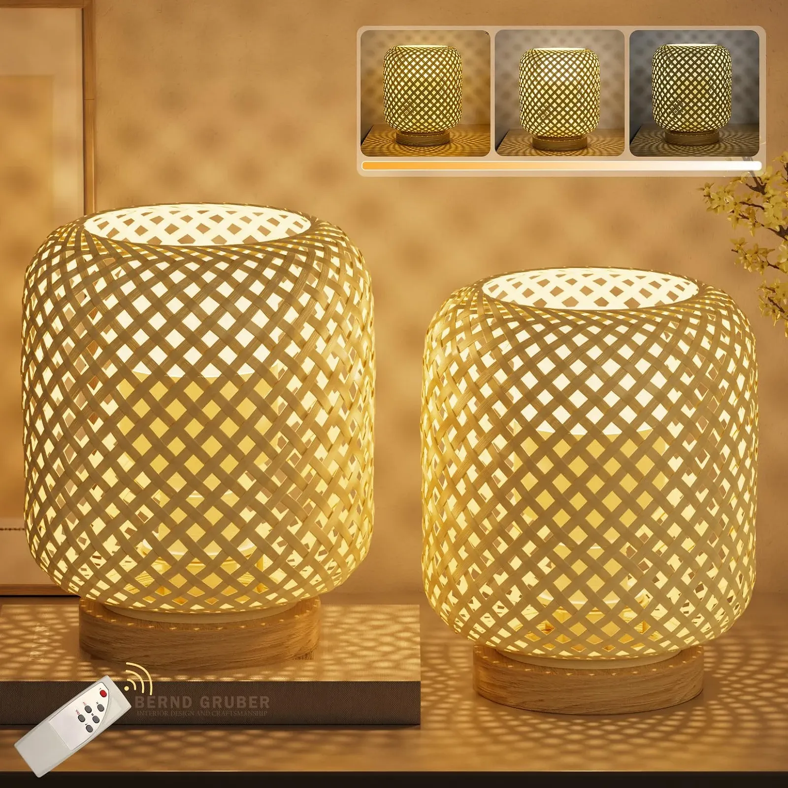 Настільна лампа Klighten 2 шт. Dimmable Rattan Bamboo Wood Wireless Battery 5500 mAh 7 Вт, фото №1