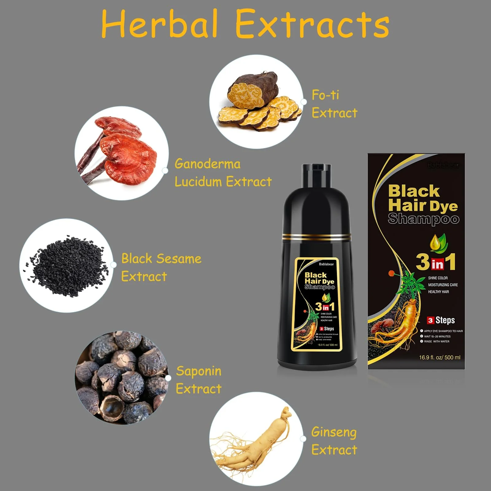 Шампунь для окрашивания волос Bablabear Black, для мужчин и женщин, для седых волос, 3 в 1, для сухих волос, 500 мл, фото №3