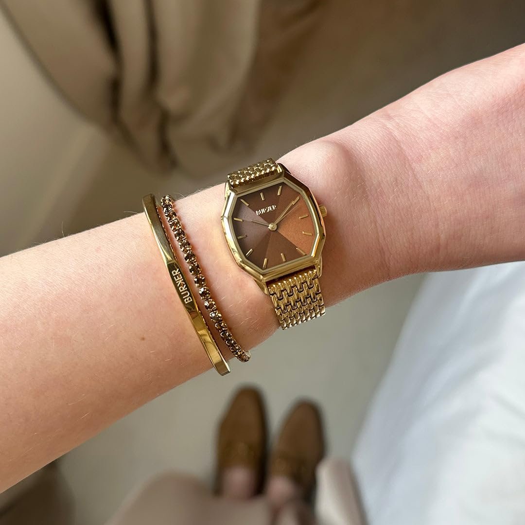 Женские часы BURKER Julia Шестигранный корпус Женские часы Браслет-звеньевой Нержавеющая сталь Аналоговый Кварцевый 3 ATM Водонепроницаемые - 32 мм - Золотой Коричневый, фото №4