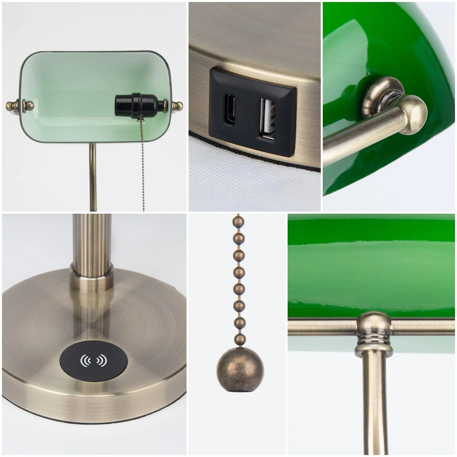 Настільна лампа FIRVRE Vintage LED Скляна Банківська Бездротова зарядка USB-порт Зелена, фото №6