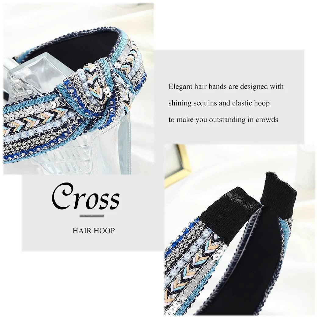 Обруч Zoestar Смугастий з кристалами, вузлом, перлами, в стилі вінтаж, фото №5