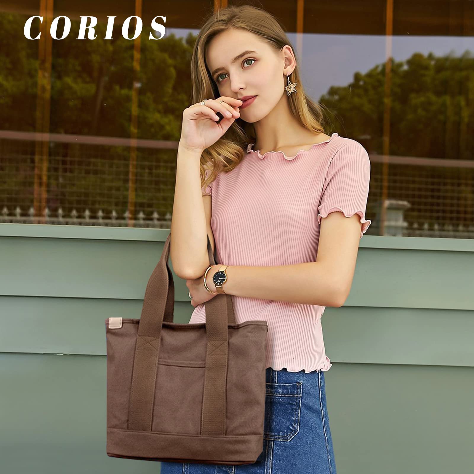 Сумка-тоут жіноча CORIOS, полотняна, велика, багатофункціональна, через плече, повсякденна, темно-коричнева, фото №2