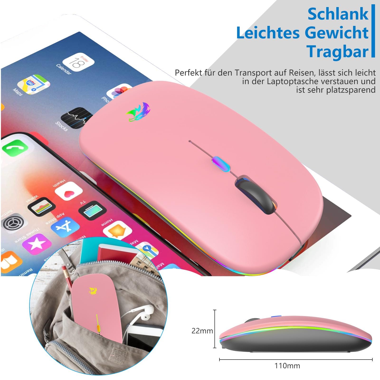 Мышь Беспроводная HZD Перезаряжаемая RGB Bluetooth с USB ресивером 1000-1600 DPI регулируемая Розовая, фото №6