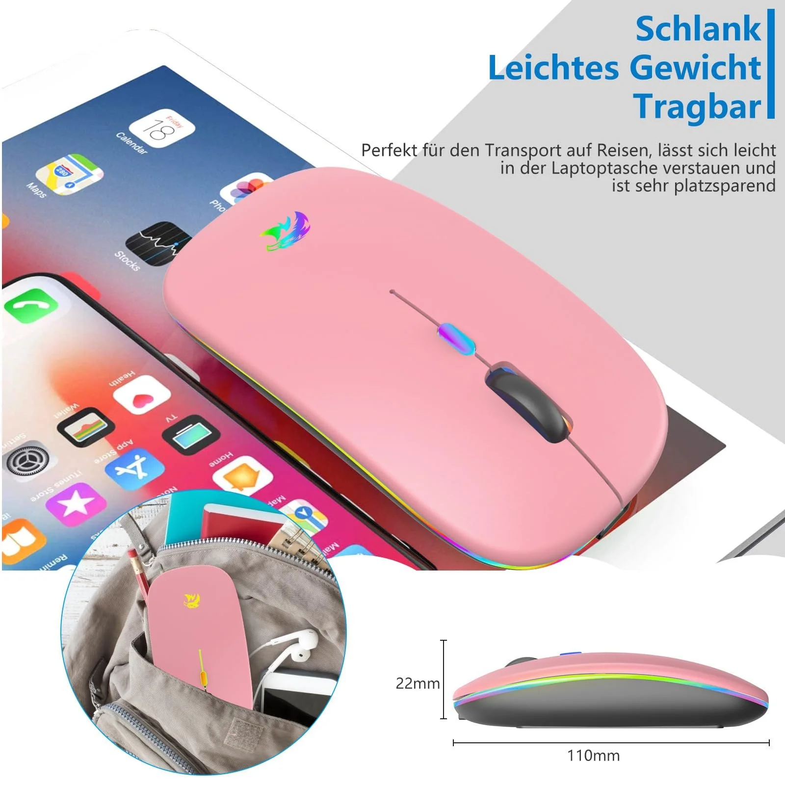 Мышь Беспроводная HZD Перезаряжаемая RGB Bluetooth с USB ресивером 1000-1600 DPI регулируемая Розовая, фото №6