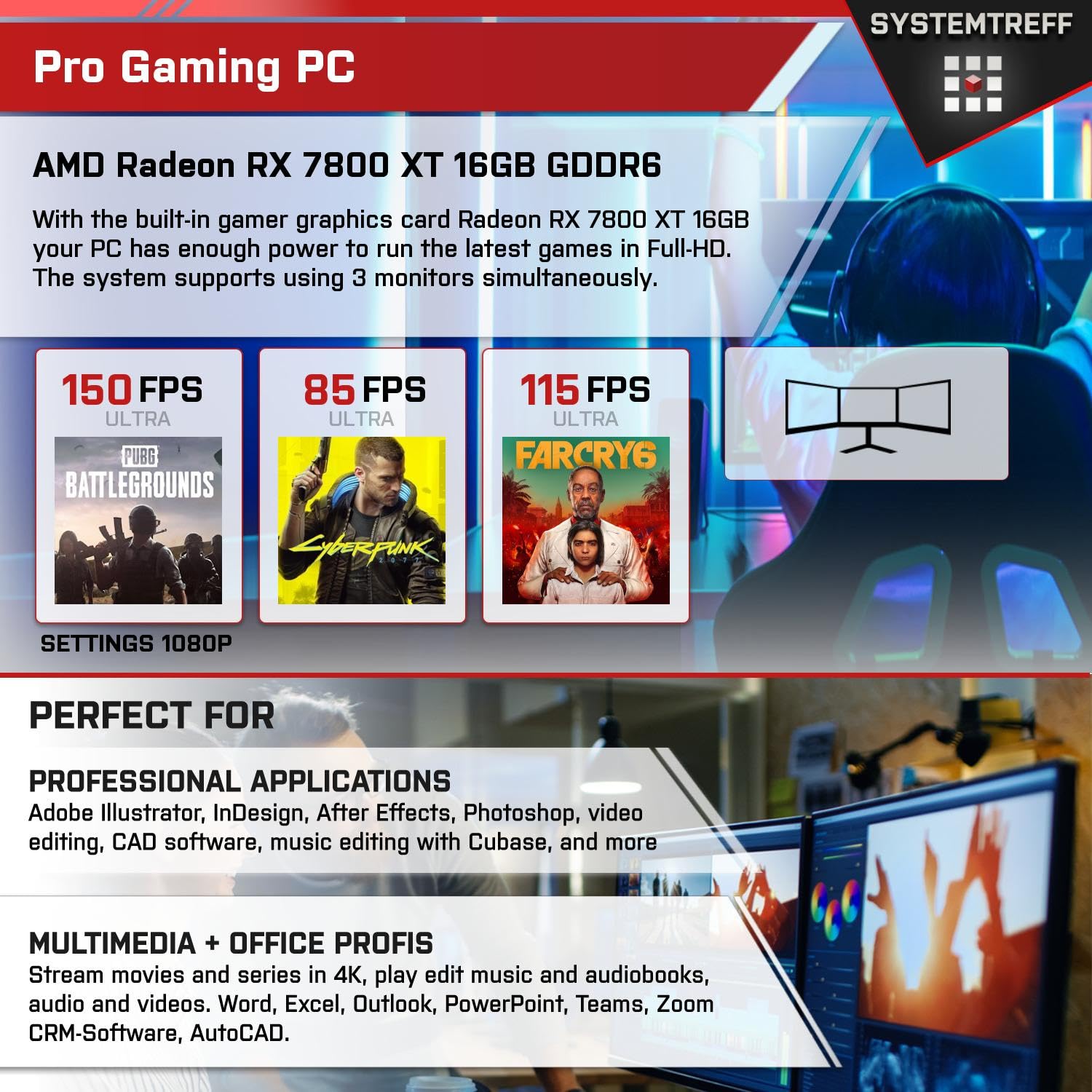 Комп'ютер SYSTEMTREFF Gaming PC AMD Ryzen 9 7950X3D 16x5.7GHz AMD Radeon RX 7800 XT 16GB DX12 1TB M.2 NVMe 32GB DDR5 RAM WLAN для геймерів, гравців та стрімерів, фото №5