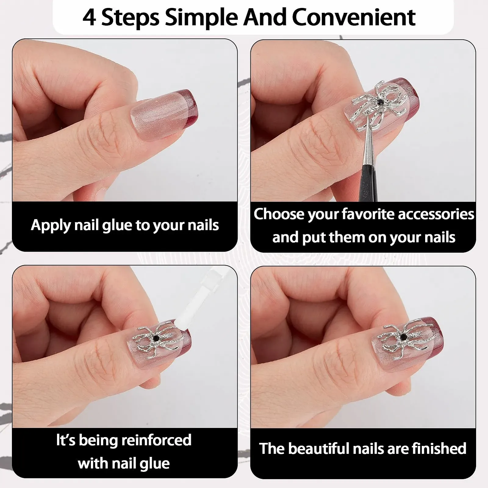 Підвіски для нігтів Павук NICENEEDED 30 шт. Срібні прикраси на Хелловін з дизайном страз, фото №3