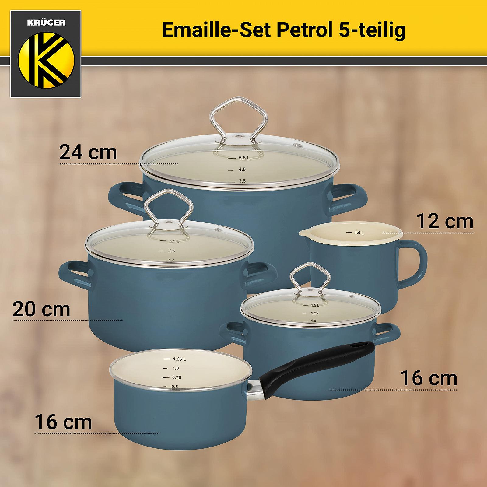 Набор Krüger Enamel 5 Штук Petrol Эмалированная Кастрюля Набор мясной котелок, сковорода и молочник Petrol Petrol Blue, фото №3 Набор Krüger Enamel 5 Штук Petrol Эмалированная Кастрюля Набор мясной котелок, сковорода и молочник Petrol Petrol Blue, фото №3