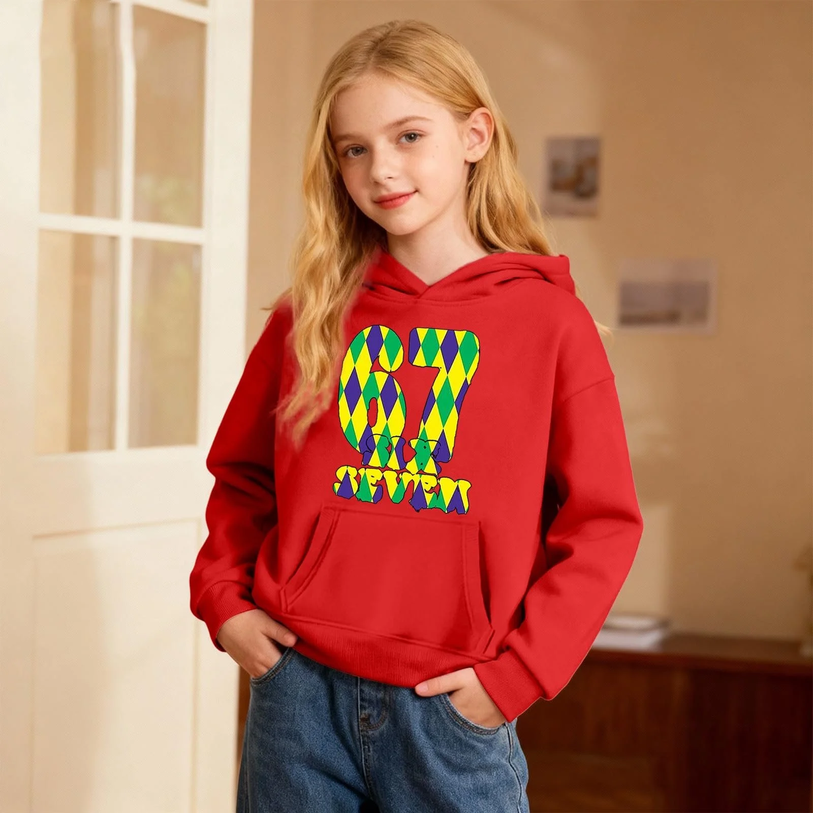 Пуловер 67 для детей 140 - Пуловер-худи для девочки с фестивальным карнавальным узором, мягкий повседневный спортивный костюм для детей и малышей, фото №3