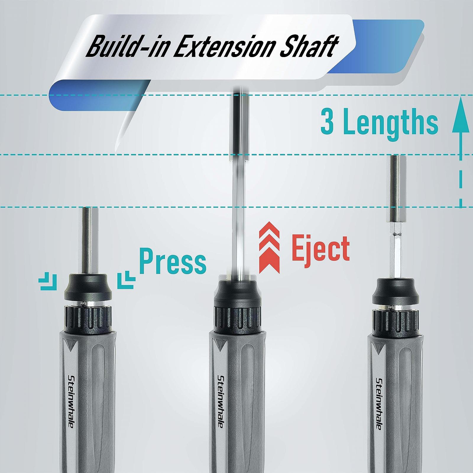 Комплект викруток Steinwhale 32 в 1 Ratchet з штовхаючою викидною розширювальною штангою, тріскачкою на 48 зубців, нековзкою м'якою рукояткою, магнітотримачем для біт, 30 шт. біт з S2 сталі, фото №4