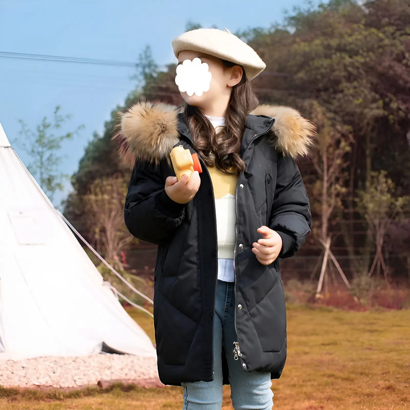 Пуховик Amropi Для девочек, С меховым капюшоном, Длинная зимняя куртка, Зимнее пальто, Для возраста 5-13 лет, фото №5