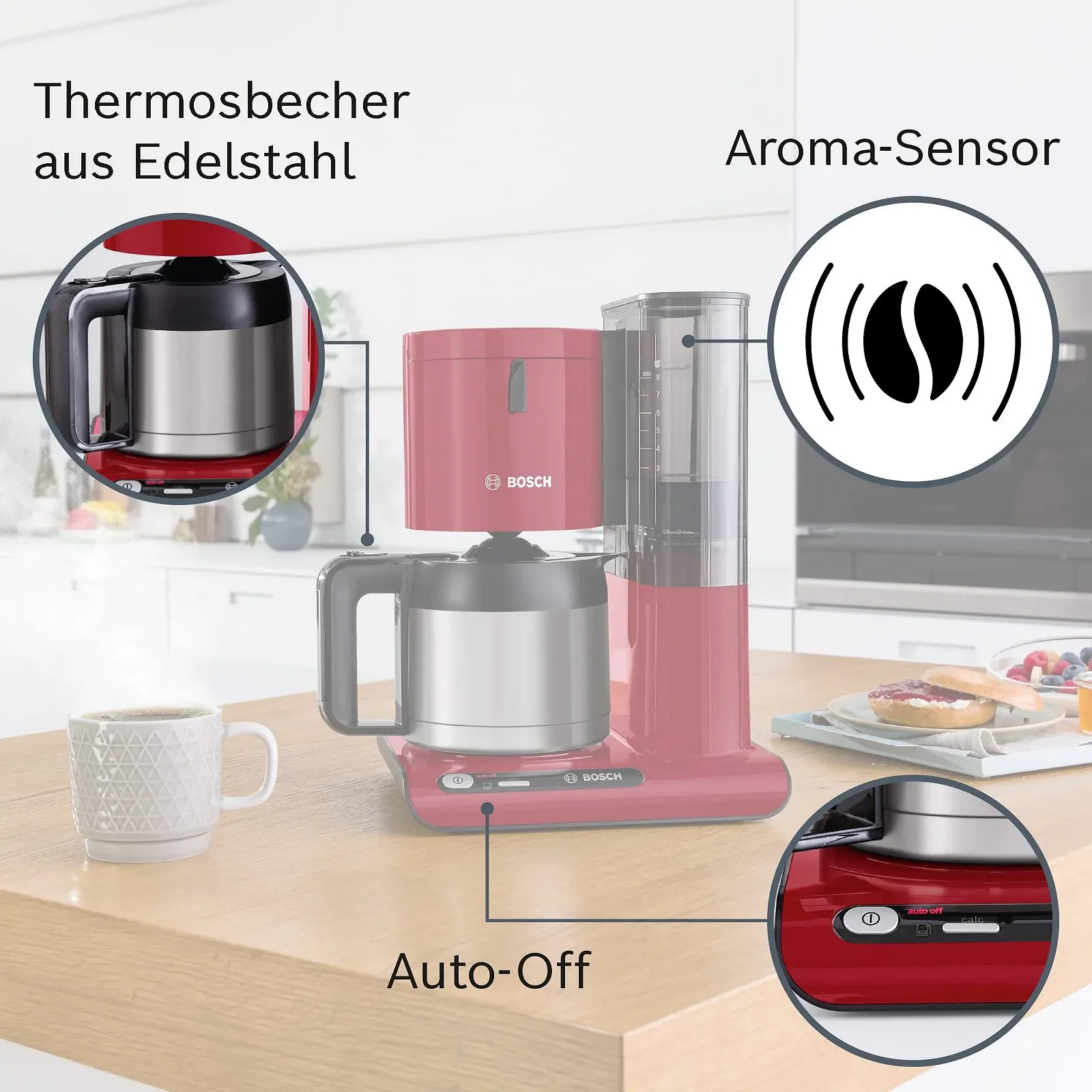 Капельная кофеварка Bosch Styline TKA8A054 1,1 л 1100 Вт Красная, фото №2