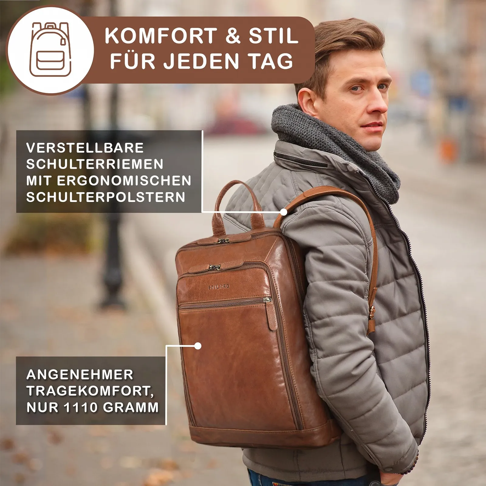 Рюкзак для ноутбука STILORD Watson 15.6" Leather XL L Obsidian Black / Maraska Brown, фото №3