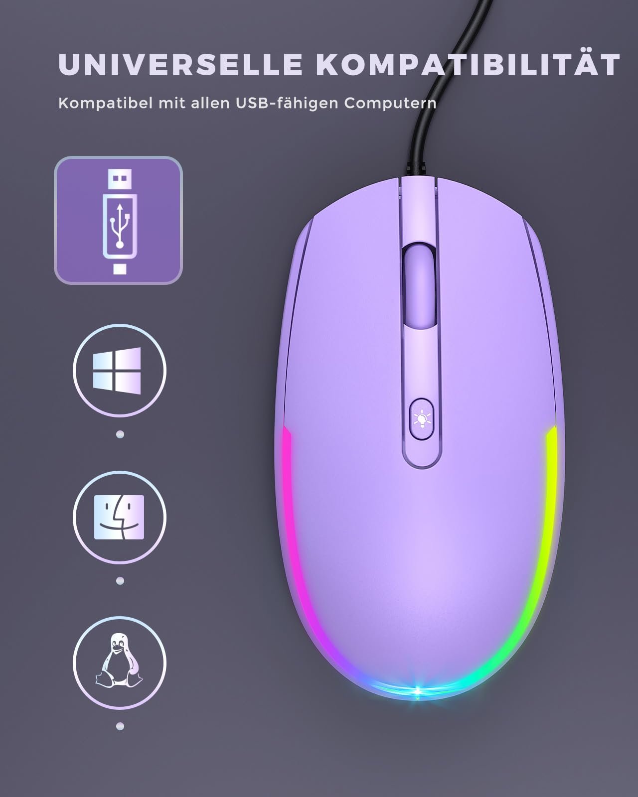 Дротовая мышь Seenda 1600 DPI USB, фиолетовая, фото №5