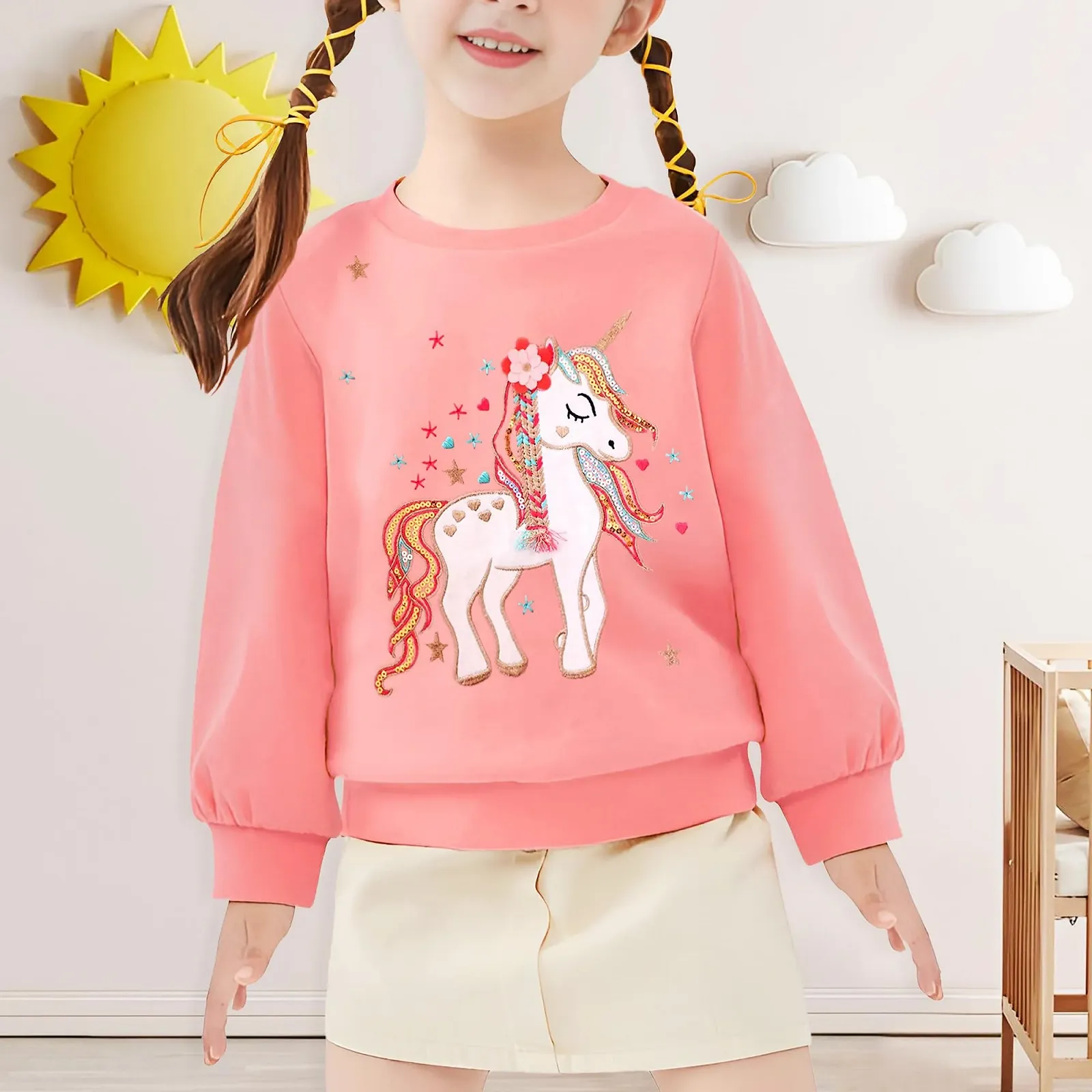 Свитшот FILOWA Детский для девочек Радужный Единорог Спортивный Серый Розовый Длинный Рукав Теплый Хлопковый Топ Свитшот, Размер 92-122, фото №4