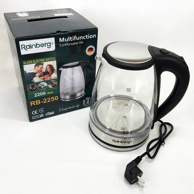 Электрический стеклянный чайник Rainberg RB-2250 с LED подсветкой 2200 Вт 1.8л, хороший электро, фото №1 Электрический стеклянный чайник Rainberg RB-2250 с LED подсветкой 2200 Вт 1.8л, хороший электро, фото №1