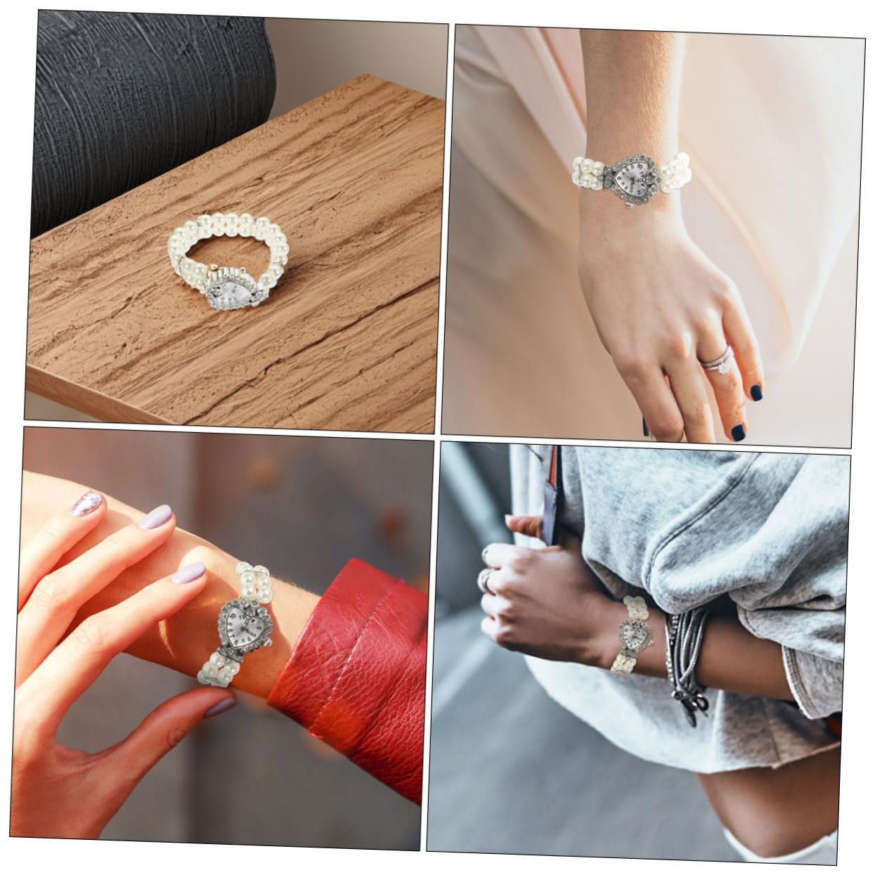 Часы женские PartyKindom Кварцевые Аналоговые с эластичным браслетом из двойного ряда жемчуга в форме сердца, фото №4