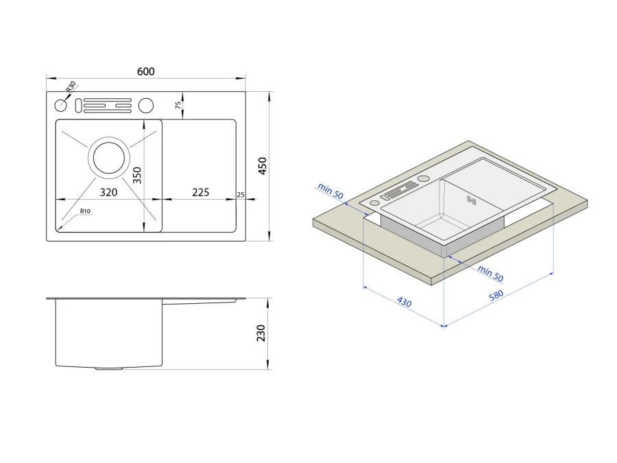 Накладна кухонна мийка з крилом Nett NS-6045(R/L), фото №3