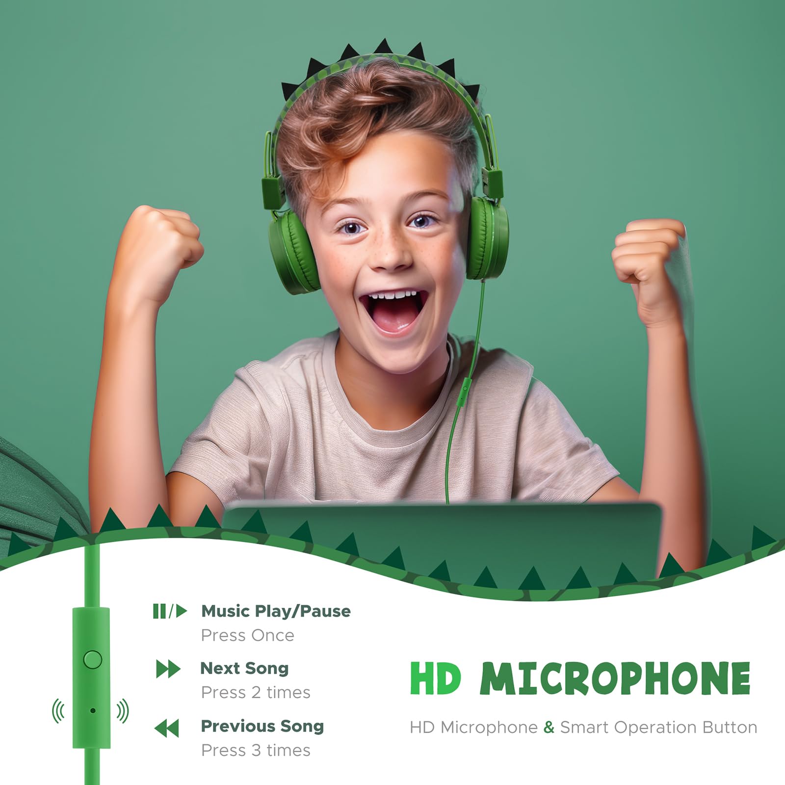 Навушники JYPS Дитячі Динозавр Wired Регульовані 3.5 мм з мікрофоном Зелені, фото №6 Навушники JYPS Дитячі Динозавр Wired Регульовані 3.5 мм з мікрофоном Зелені, фото №6