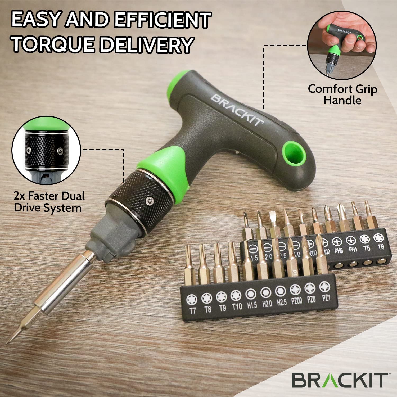 Набір Brackit Double Drive Ratchet T-Handle викрутка і біти 22-шт Precision, фото №2