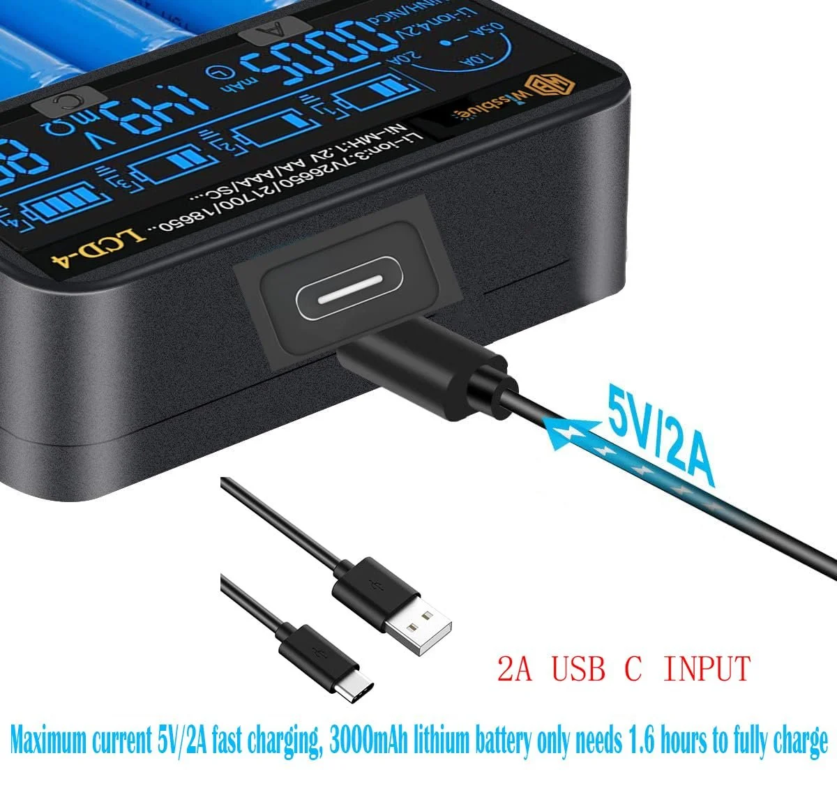 Зарядний пристрій для акумуляторів WISSBLUE LCD-4 18650 2A, з LCD-дисплеєм та функцією Power Bank для 3.7 V 14500 16340 18650 20700 21700 26650 1.2 V AAAA A, фото №6