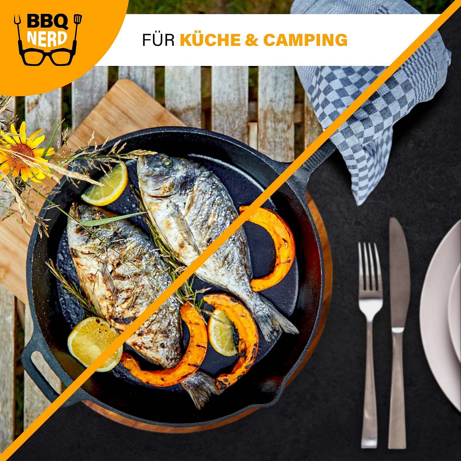 Пательня-гриль BBQ Nerd, діаметр 30 см, 3600 г, з носиком та ручкою - чавунна пательня для грилю, смаження, запікання - пательня для вогню - термостійка та теплоутримуюча, фото №6