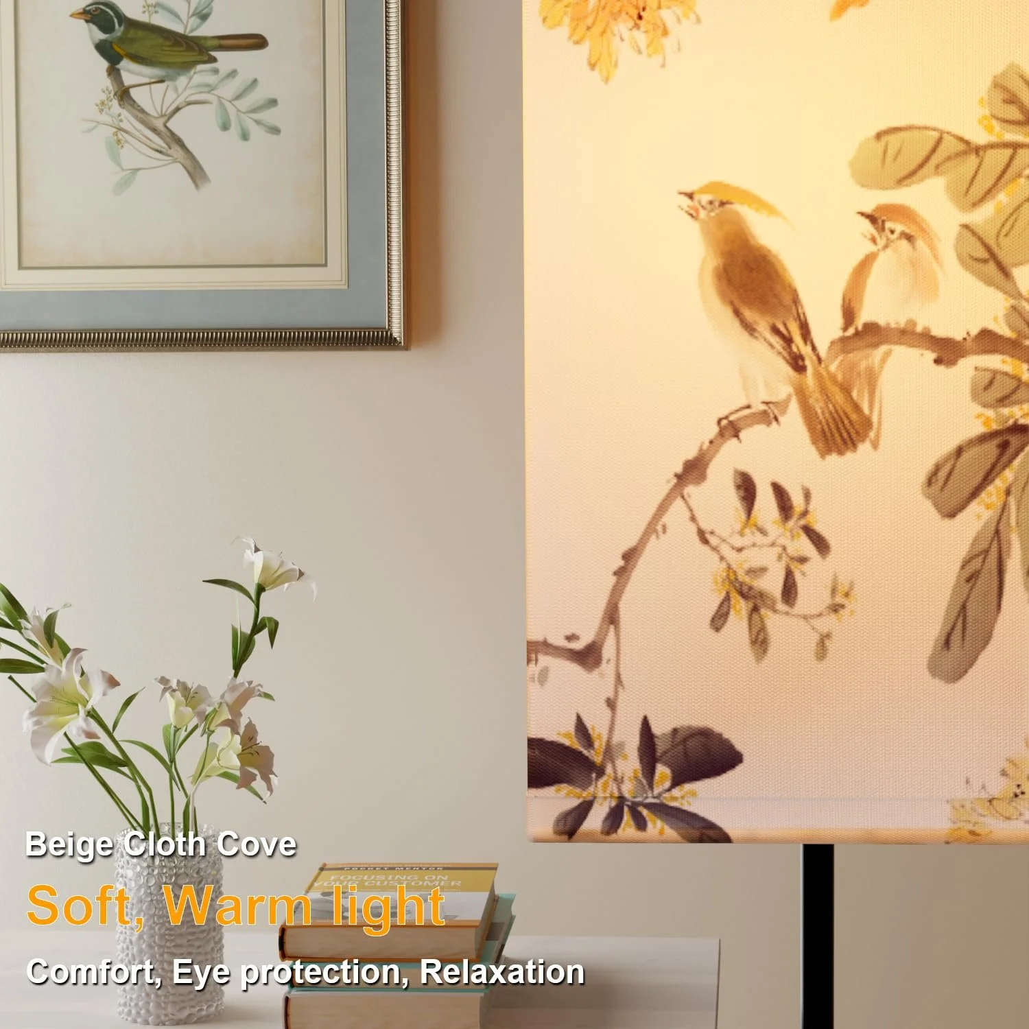 Настольная лампа прикроватная 2 шт тканевый плафон Птица диммер 3 температуры 2 USB порта, фото №2