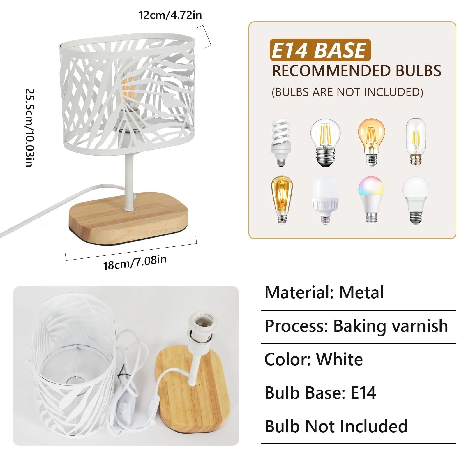 Настільна лампа Modern E14 з дерев'яною основою та металевим плафоном Біла, фото №3