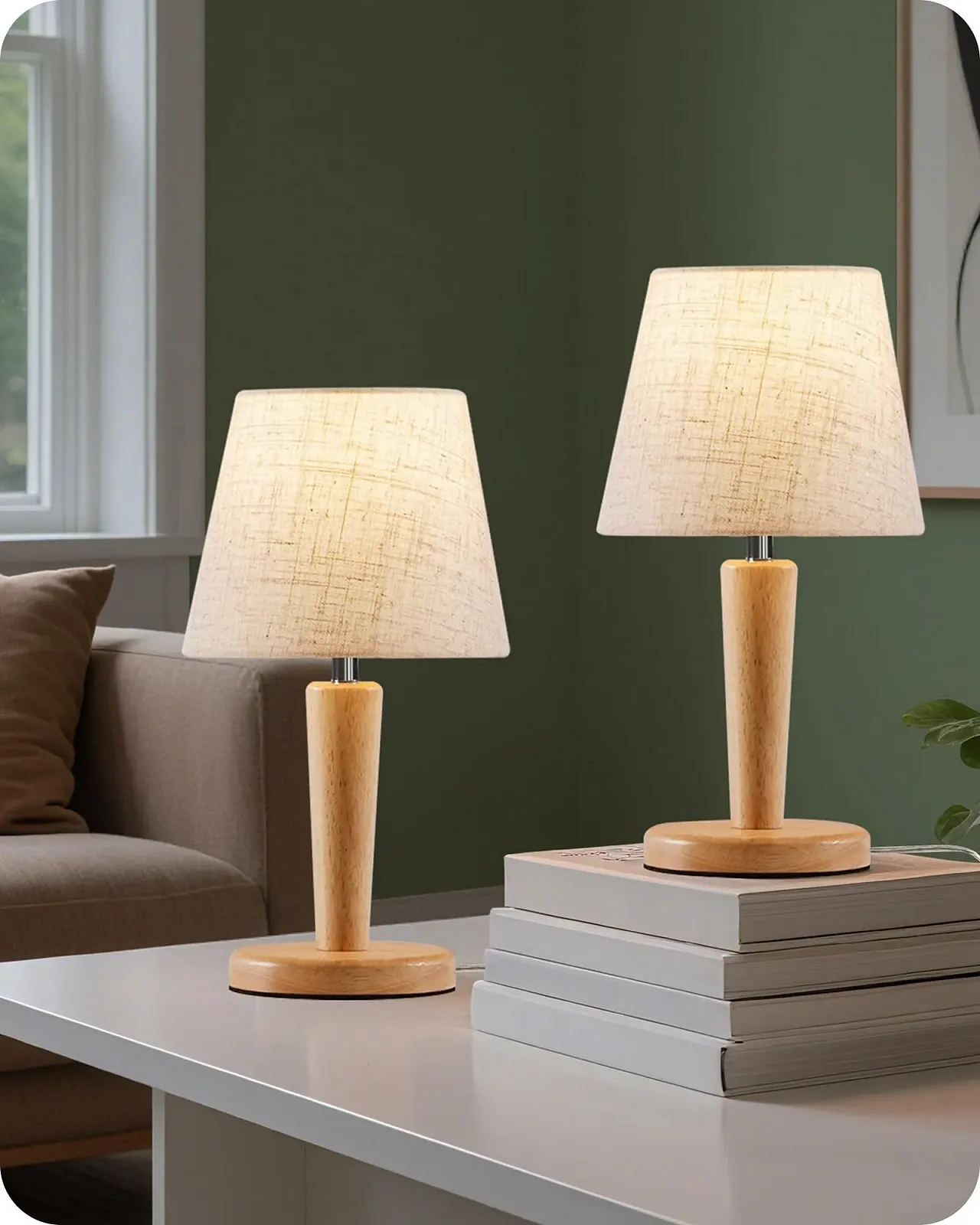 Настільна лампа ZME13TLDP205 з дерев'яною основою та лляним абажуром E27 Комплект 2 шт. Бежева, фото №1