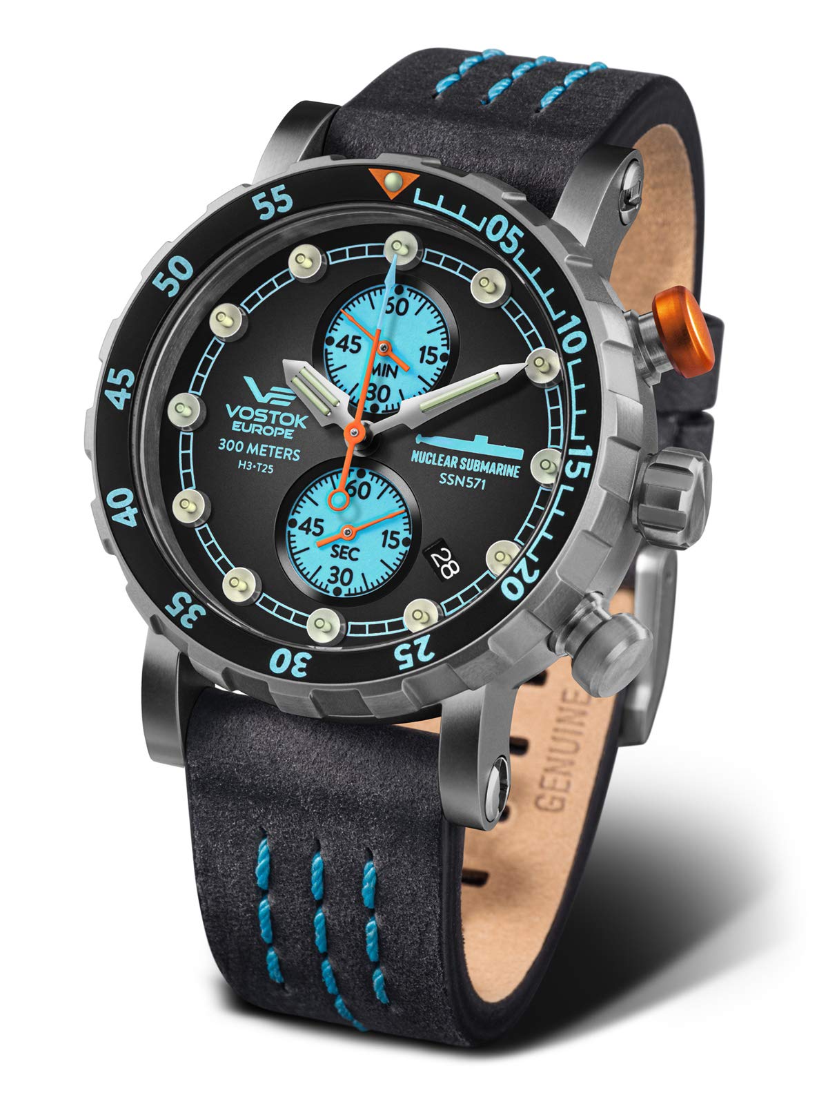 Чоловічий годинник Vostok Europe Nuclear Submarine Chronograph VK61 30 ATM з датою з шкіряним ремінцем, силіконовим ремінцем і сухим боксом, фото №2