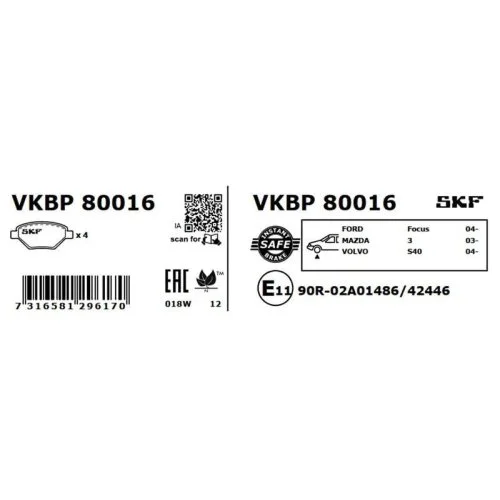 Комплект гальмівних колодок, дискове гальмо SKF VKBP 80016 для FORD MAZDA RENAULT VOLVO, фото №4