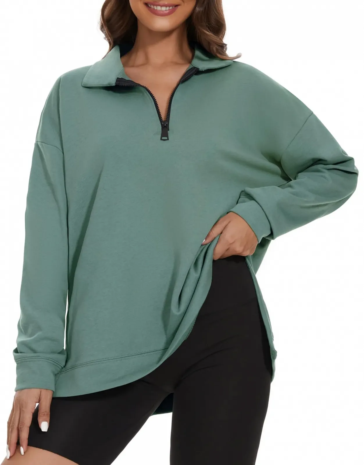 Женская толстовка APEIYU с длинными рукавами, свободный свитшот на молнии с лацканами, повседневный пуловер, фото №3