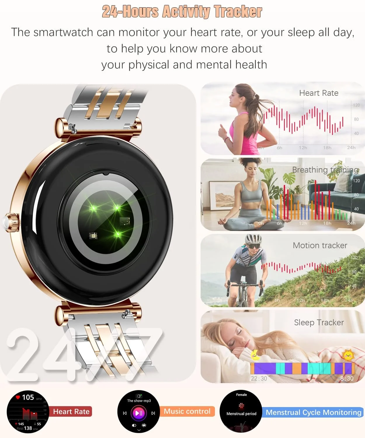 Смарт-часы женские RollsTimi 1.27-дюймовый цветной экран, монитор сердечного ритма и сна, водонепроницаемый, для фитнеса, золотой (двухцветный), фото №4