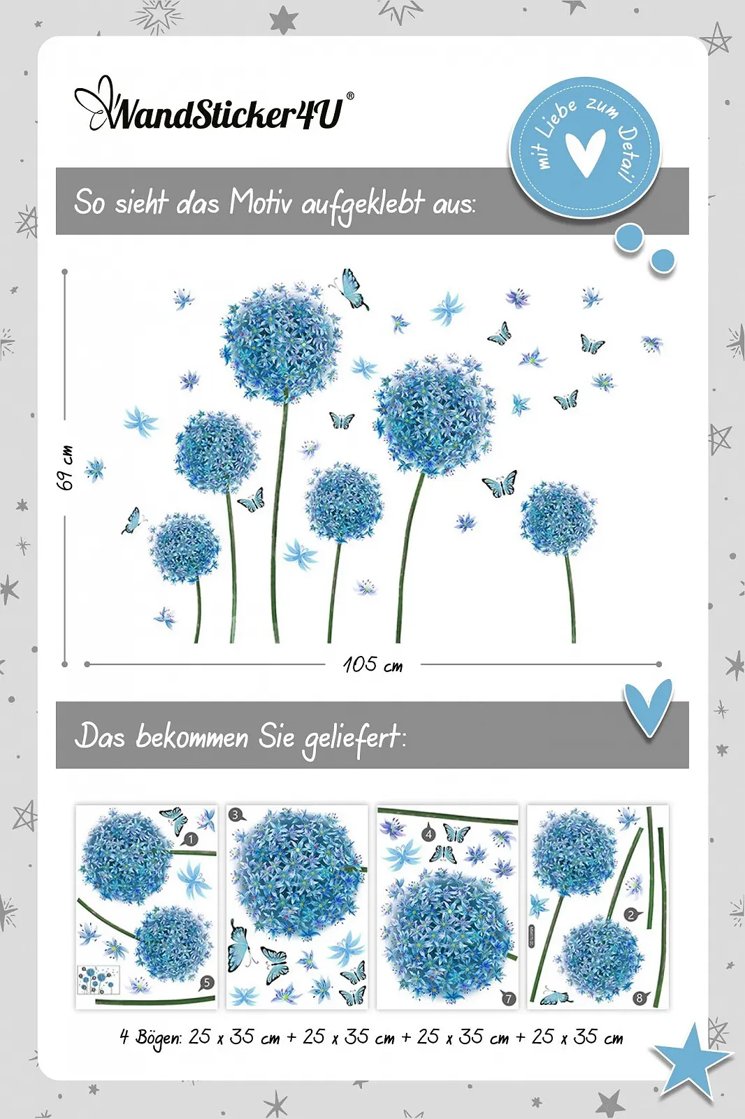 Наклейка на стіну WandSticker4U Dandelion Кульбаба Синя 105 x 69 см, фото №5 Наклейка на стіну WandSticker4U Dandelion Кульбаба Синя 105 x 69 см, фото №5