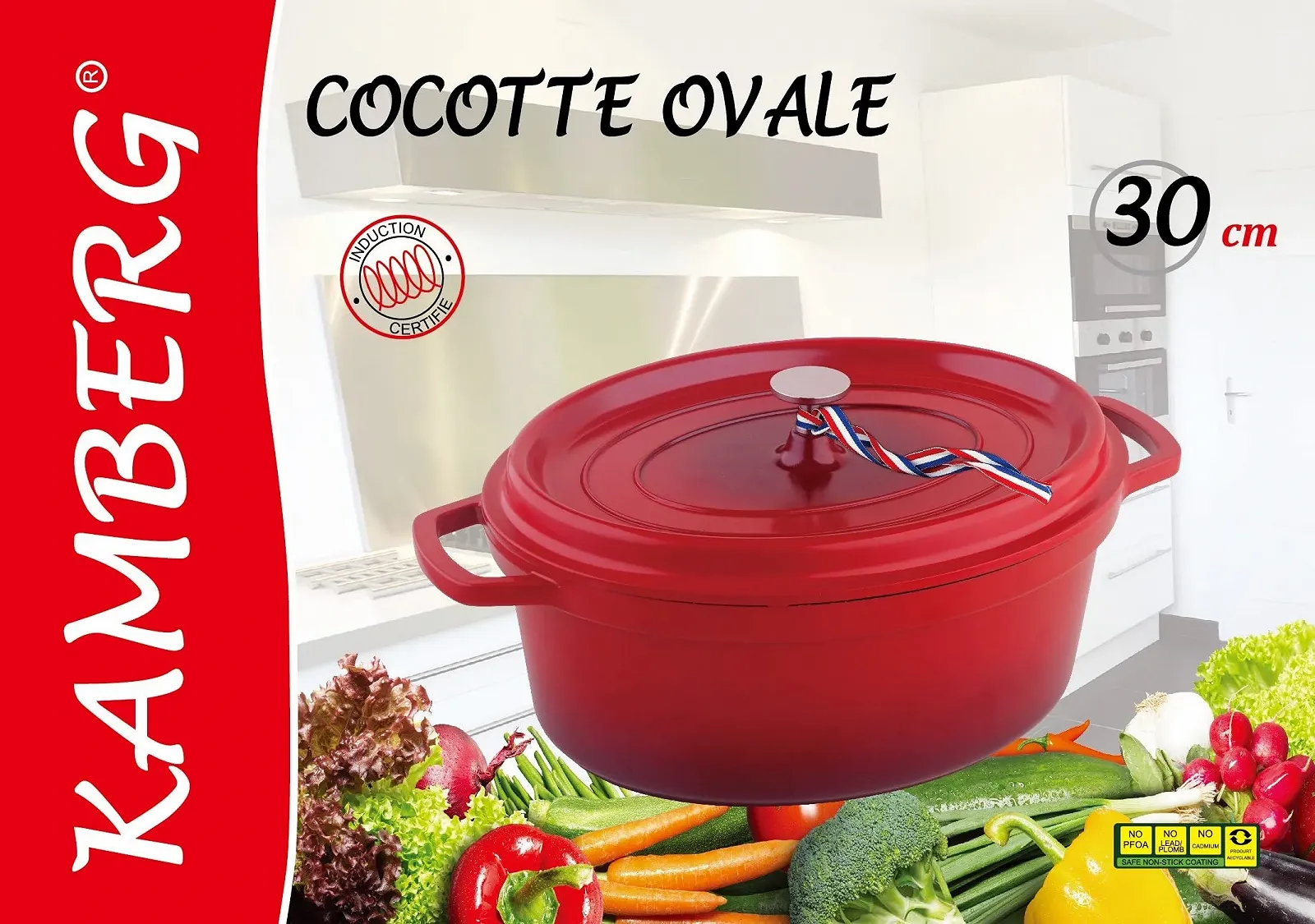 Кастрюля Kamberg 0008191 30 см овальная красная литой алюминий покрытие с эффектом камня PFOA-Free, фото №8