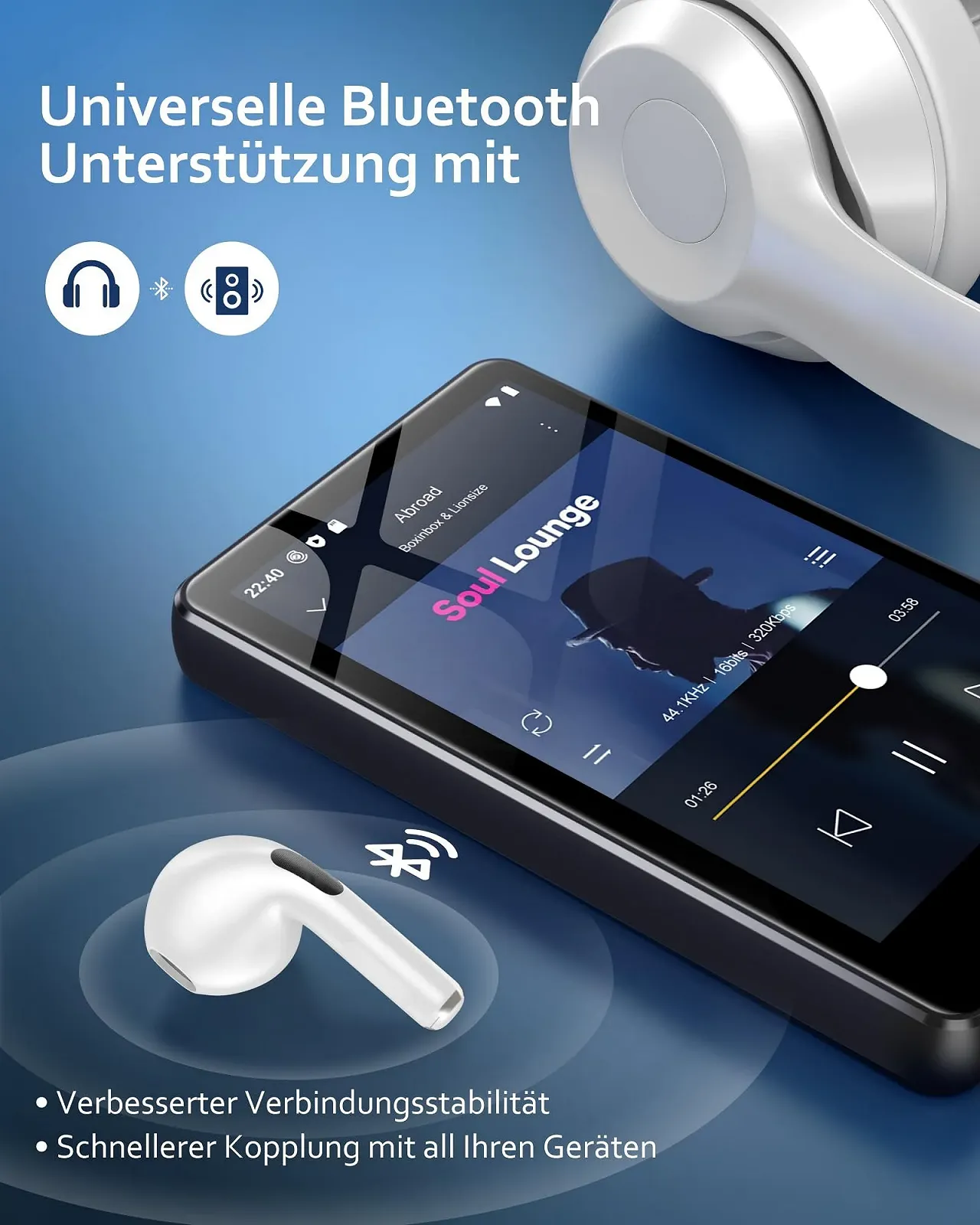 MP3-плеер AGXOV 144GB Bluetooth с наушниками, с 4.02-дюймовым сенсорным экраном, MP4-плеер с Spotify, Audible, Amazon Music, Deezer, FM-радио, диктофон, E-Reader, фото №4
